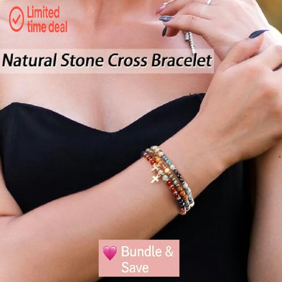 12 Pack Natural Stone Cross Stretch Bracelets, Christian Gifts for Women - Picture 7 of 8